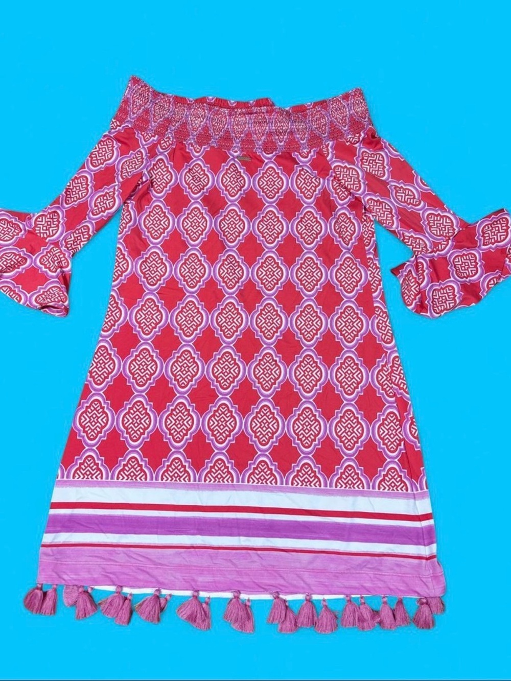 Cabana life Geo coral off the shoulder dress